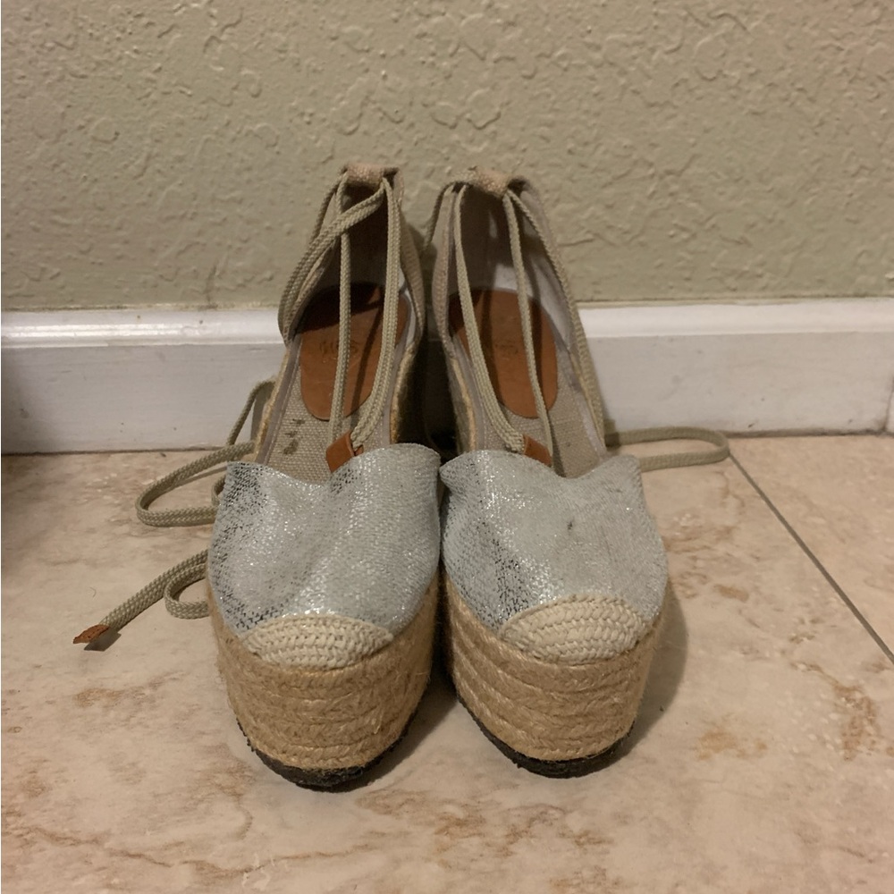 Tan and silver espadrille wedges